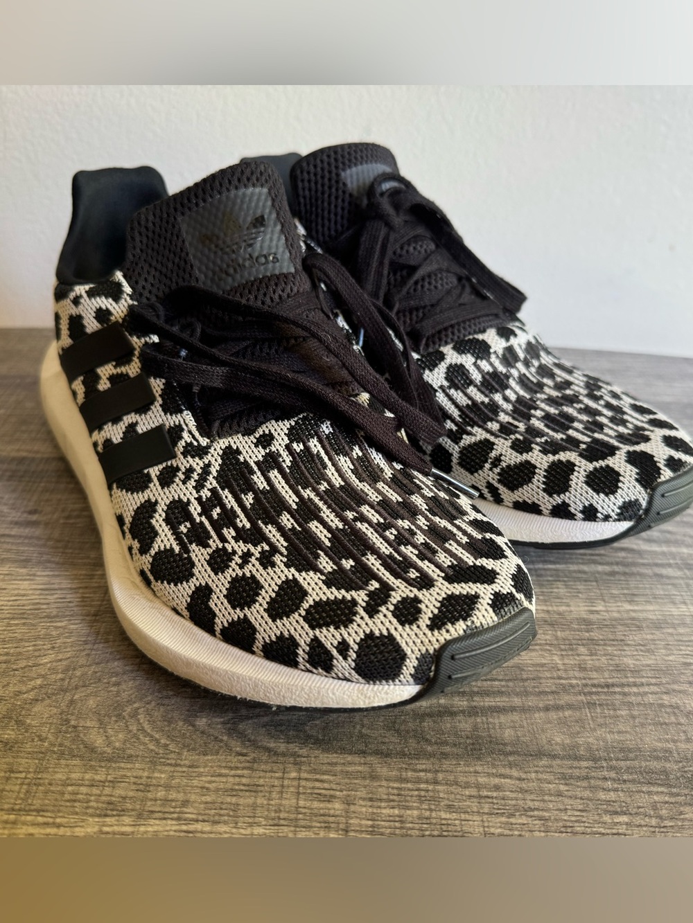 adidas Women’s Black & White Leopard Knit Sneakers